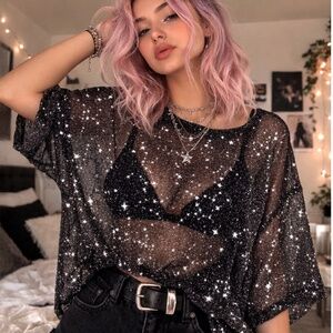 SHEIN Plus Stars Horoscope Galaxy Sheer Swim Cover Up Mesh Oversized Tee Top L